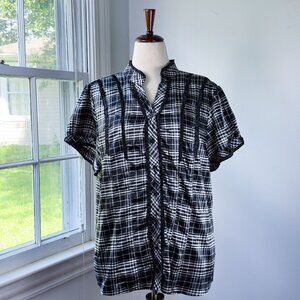 Antilia Femme Stretch Button Up Puff Sleeve Top Plus Size 3X Black and White